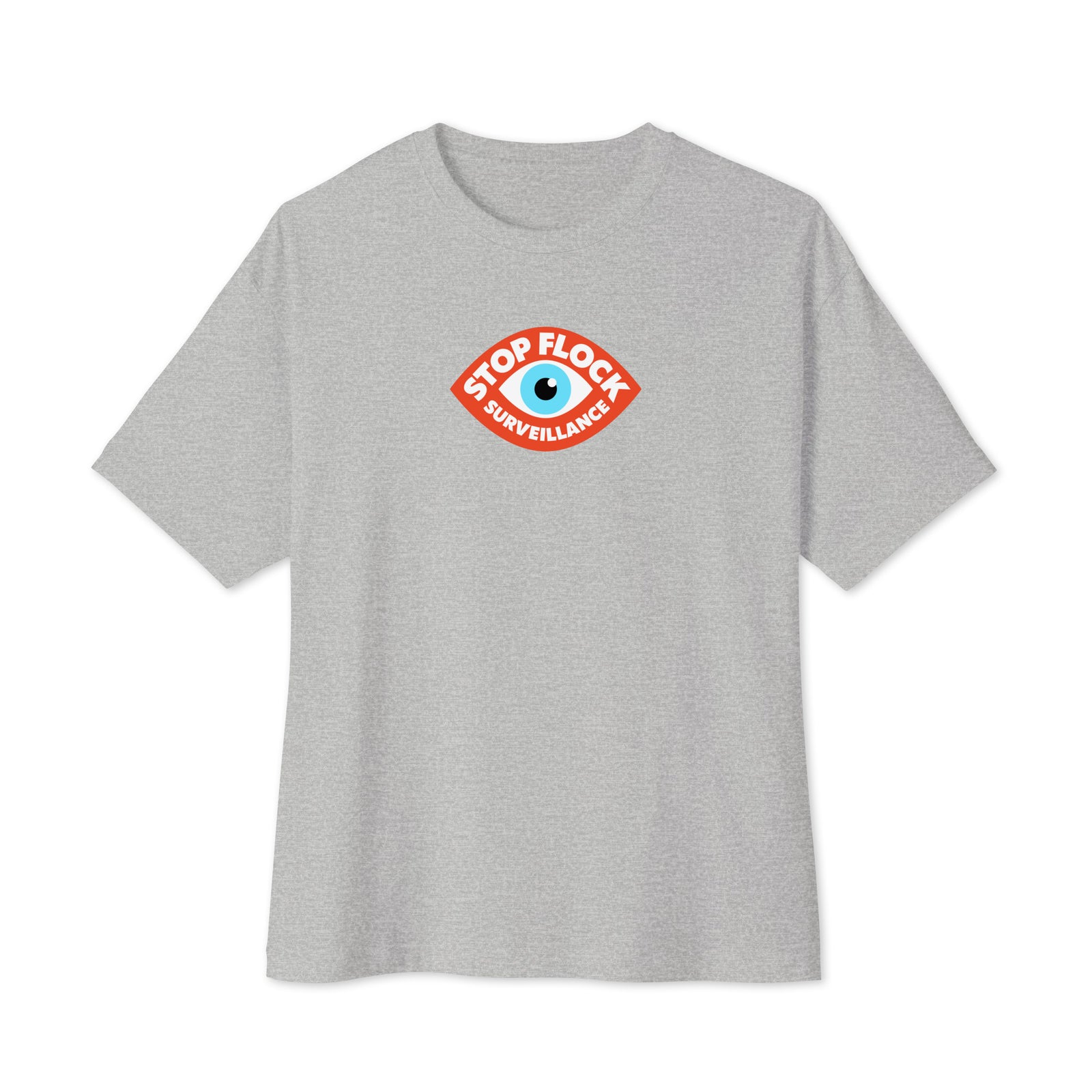 Stop Flock anti-surveillance eye graphic on athletic heather oversized boxy T-shirt, front view