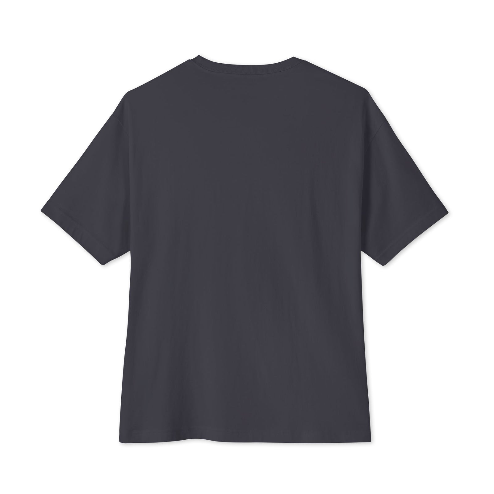 Dark grey oversized boxy T-shirt, plain back view showing dropped shoulders