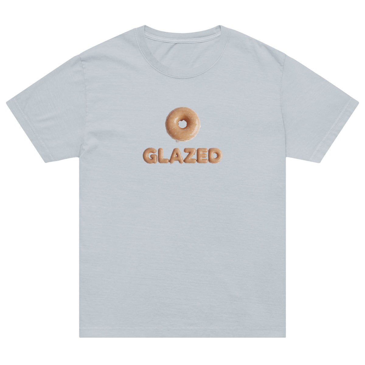 Light blue t-shirt with a donut graphic and &#39;GLAZED&#39; text on a white background