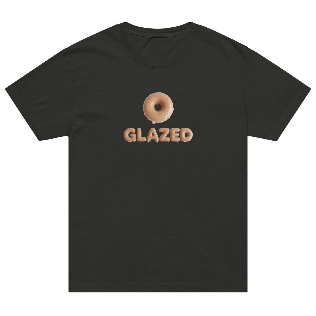 Black t-shirt with a donut graphic and &#39;GLAZED&#39; text on a white background