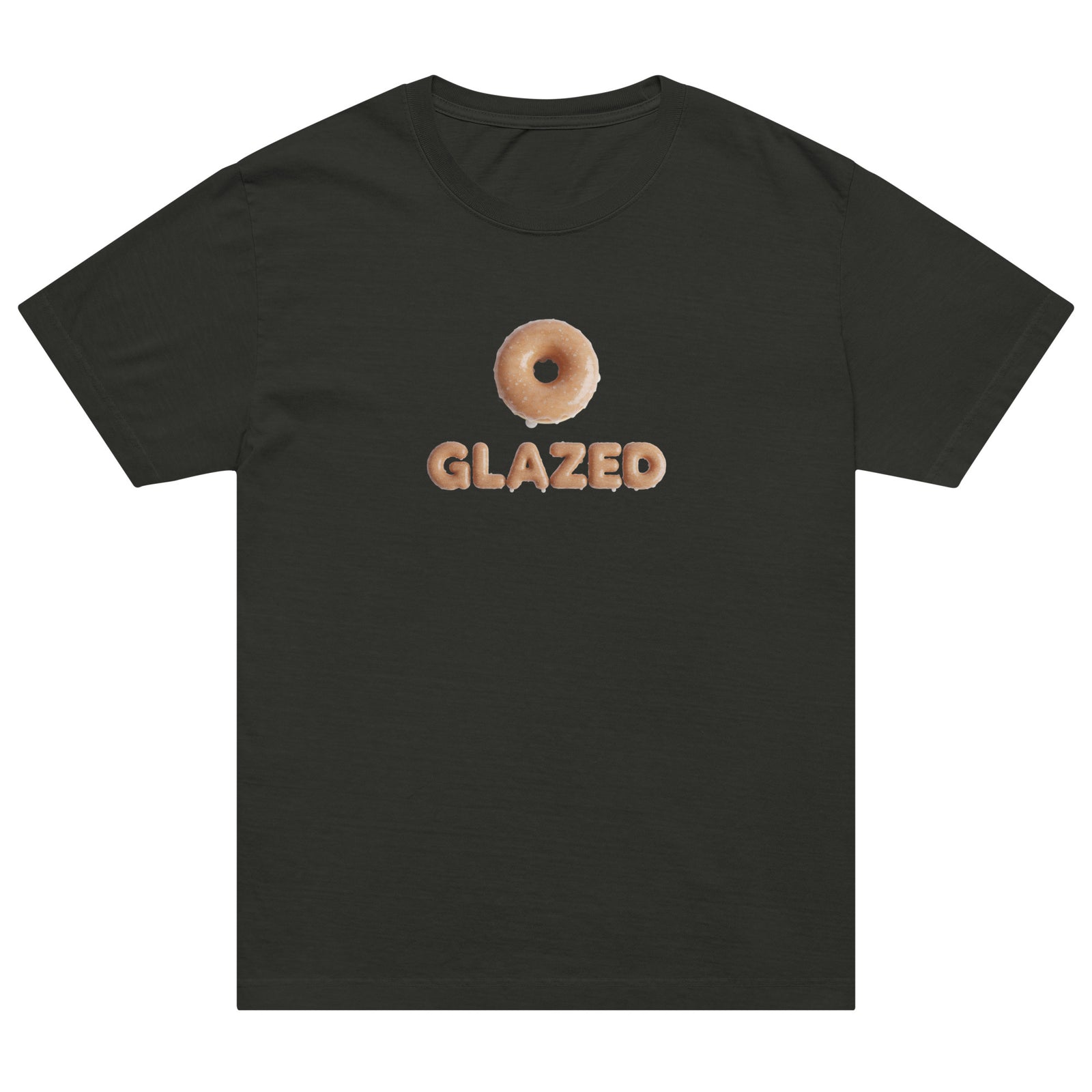 Black t-shirt with a donut graphic and 'GLAZED' text on a white background