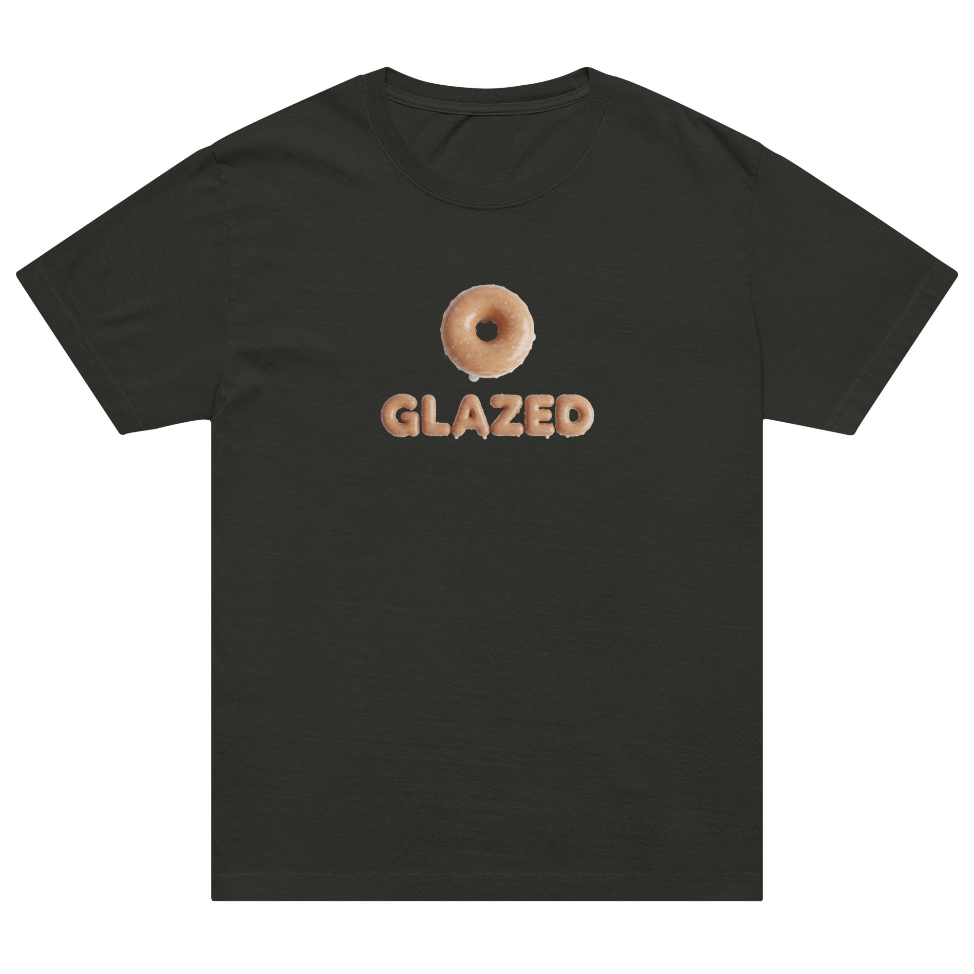 Black t-shirt with a donut graphic and 'GLAZED' text on a white background