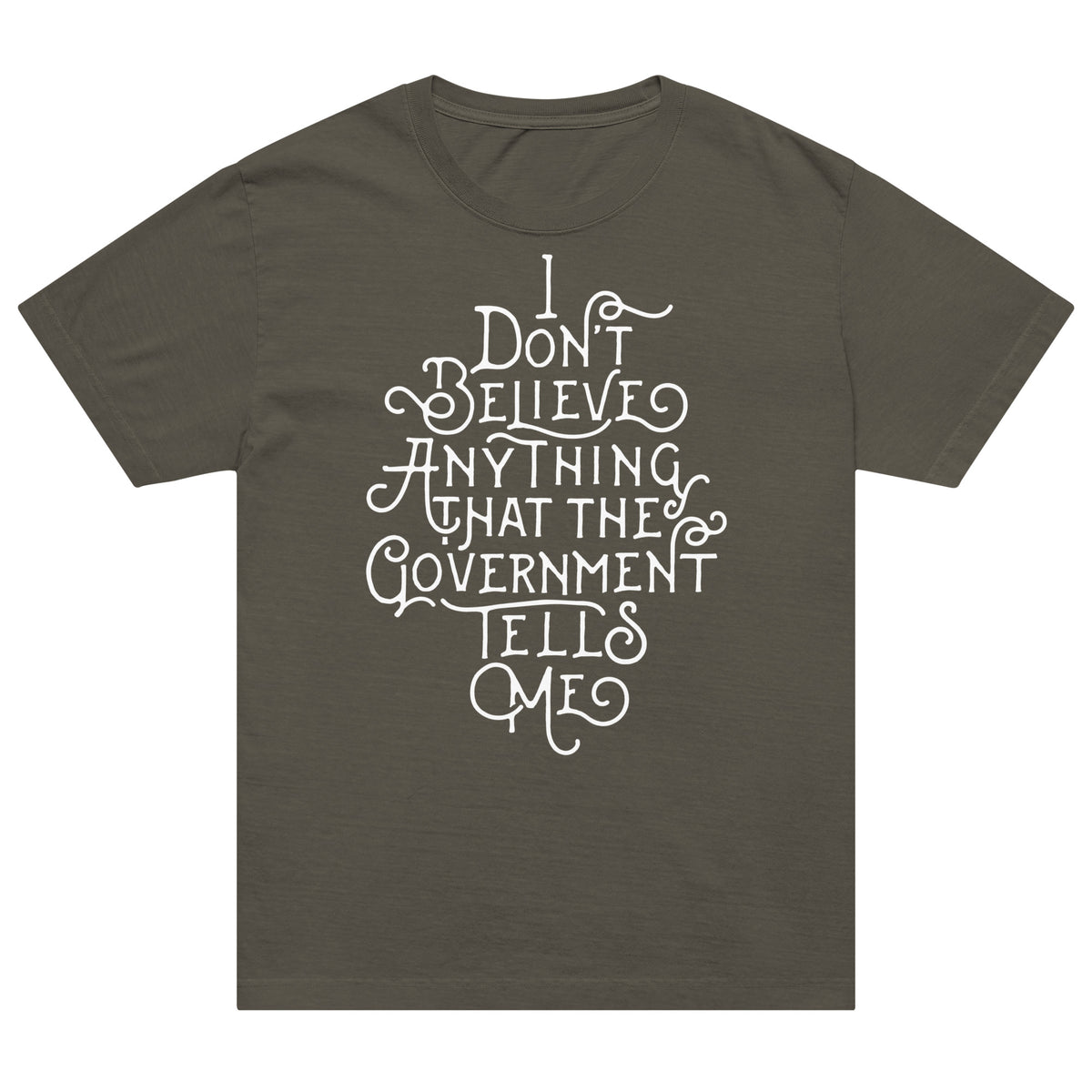 Dark gray t-shirt with white text on a white background