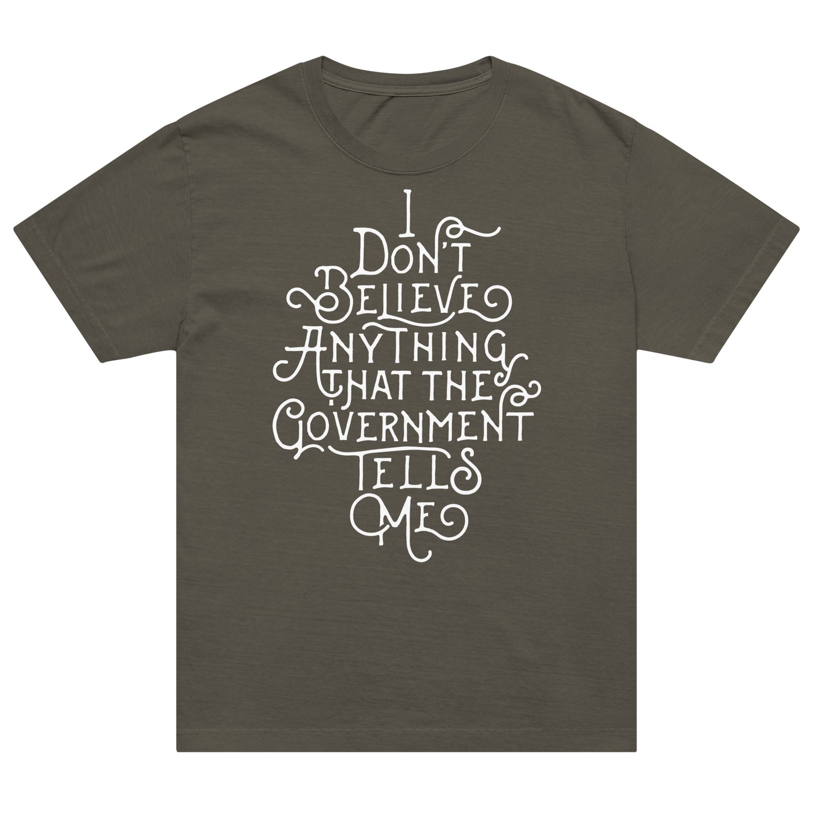 Dark gray t-shirt with white text on a white background