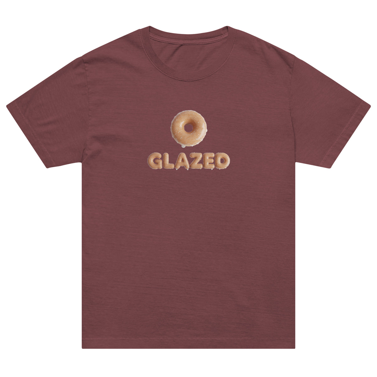 Maroon t-shirt with a donut graphic and &#39;GLAZED&#39; text on a white background