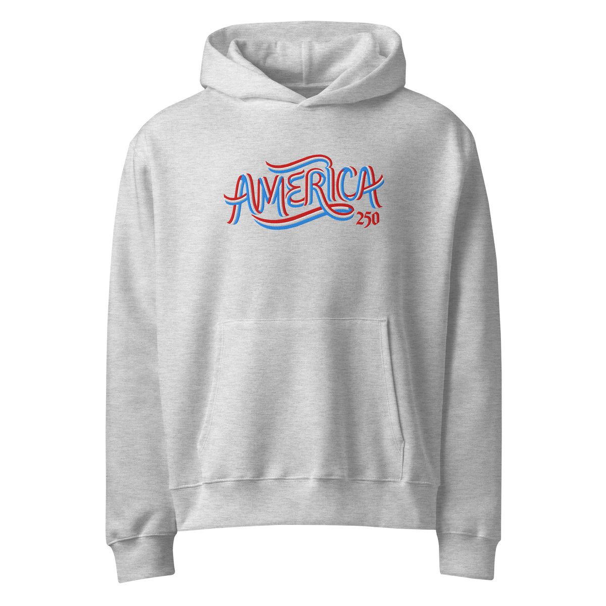 America 250 premium embroidered oversized heavyweight hoodie shown as a limited-release commemorative product mockup