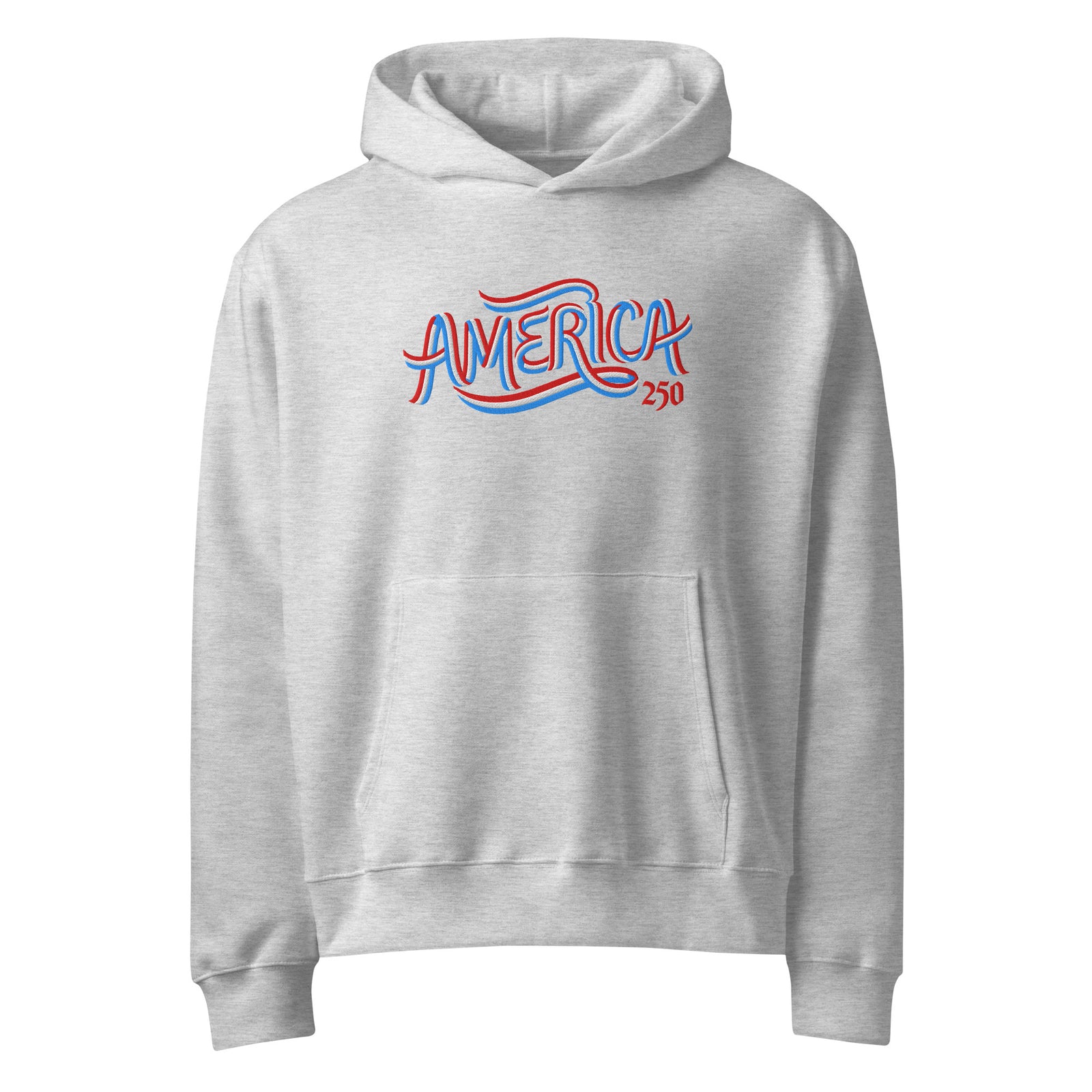 America 250 premium embroidered oversized heavyweight hoodie shown as a limited-release commemorative product mockup
