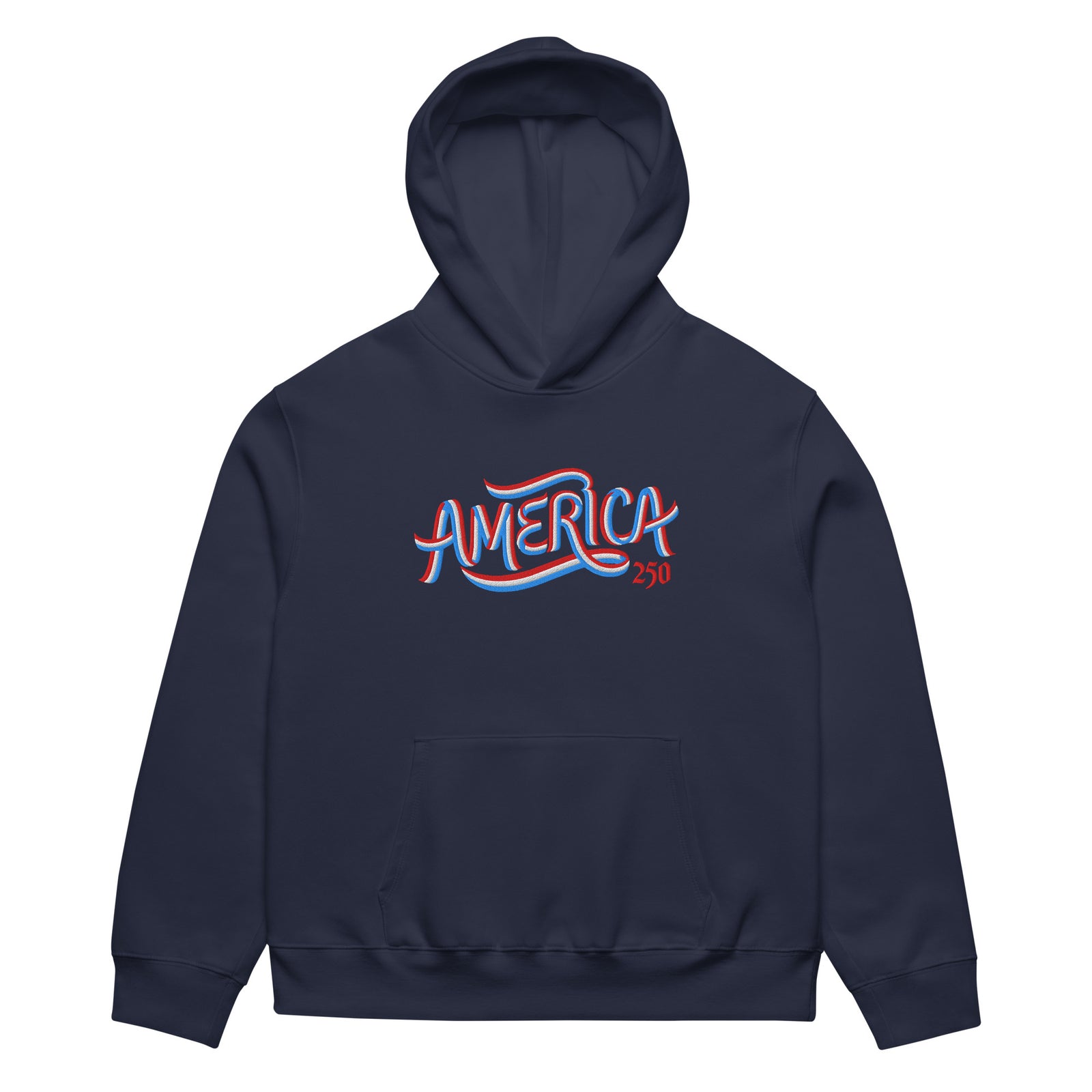 America 250 limited-release embroidered hoodie mockup with commemorative ribbon artwork