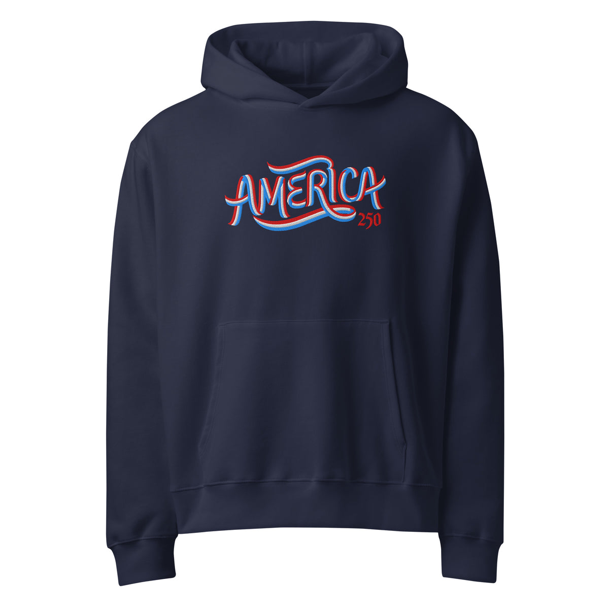 America 250 Embroidered Ribbon Oversized Heavyweight Hoodie front product mockup with premium commemorative embroidery