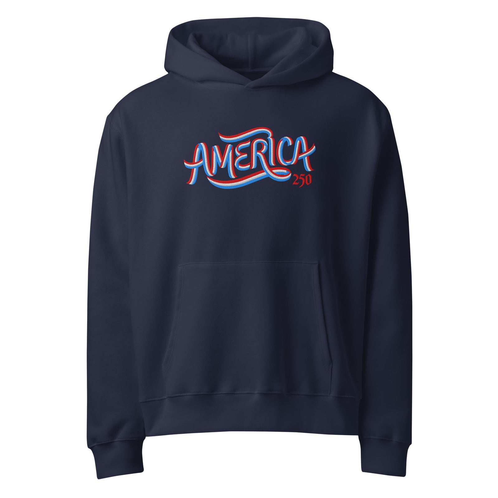 America 250 Embroidered Ribbon Oversized Heavyweight Hoodie front product mockup with premium commemorative embroidery