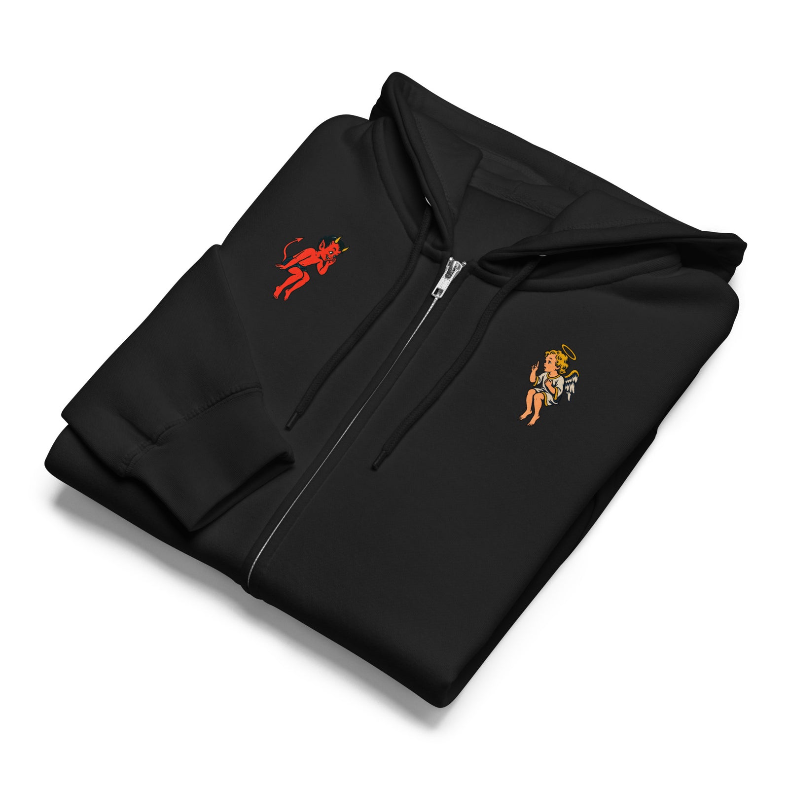 Front view of the black Free Will, Costly Wisdom hoodie showing the full zipper, hood, pockets, and chest graphic.