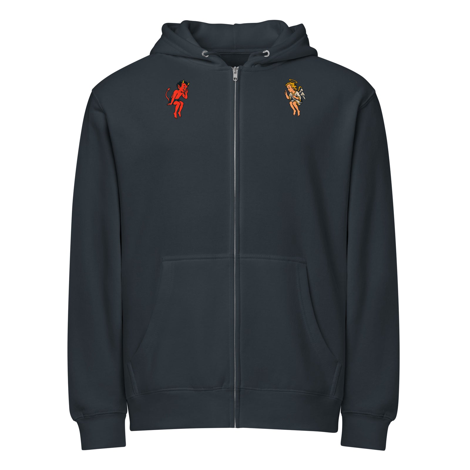 Front product view of the navy Free Will, Costly Wisdom zip hoodie with small chest design.