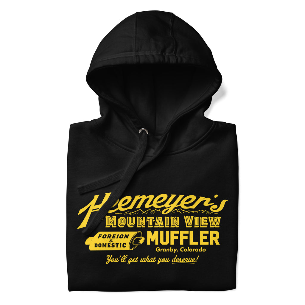 Heemeyer's Mountain View Muffler Hoodie product image with yellow shop logo design
