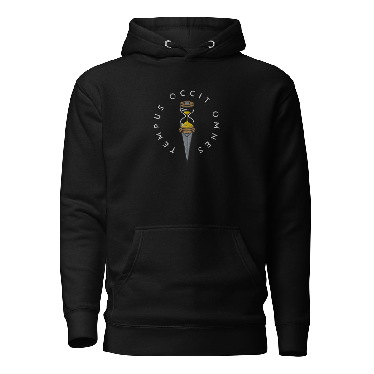 Black hoodie with the Latin phrase &#39;Tempus Occit Omnes&#39; embroidered on the front near the center, featuring a hourglass design within the letters.