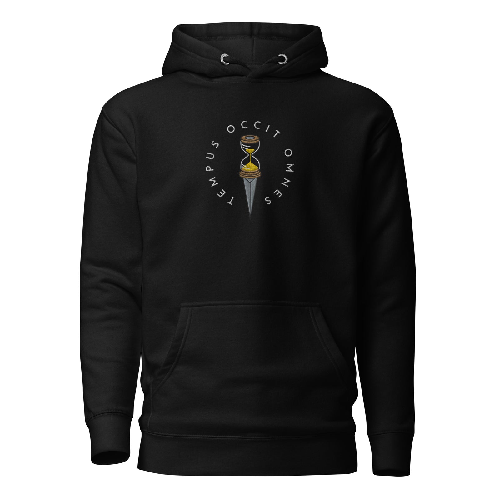 Black hoodie with the Latin phrase 'Tempus Occit Omnes' embroidered on the front near the center, featuring a hourglass design within the letters.