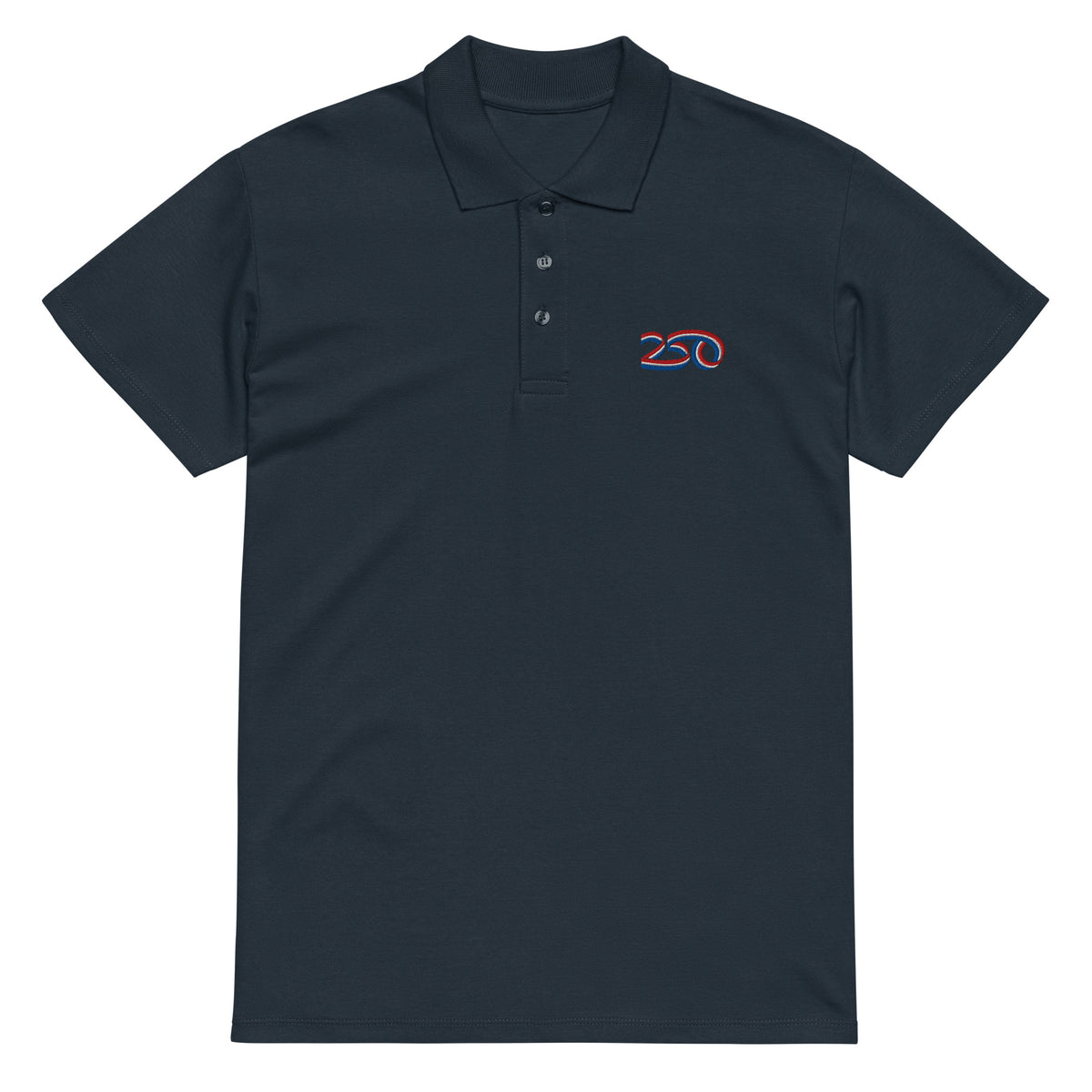 Navy blue polo shirt with a 250  logo on the chest against a white background