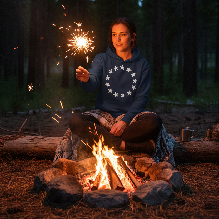 Person holding a lit sparkler by a campfire in a forest at night