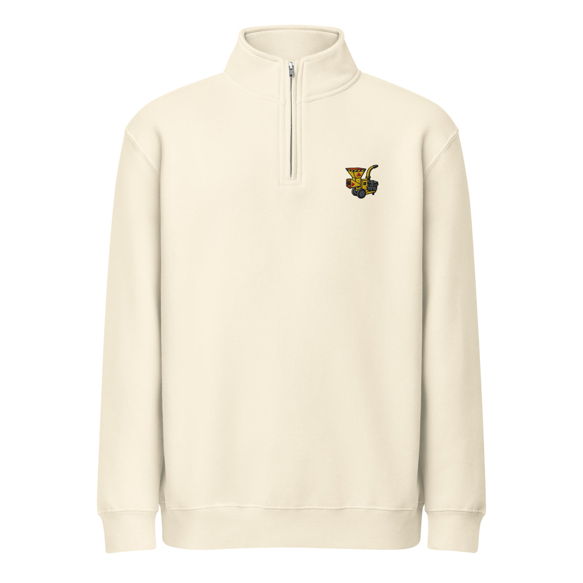 Beige sweatshirt with a logo on the chest against a white background