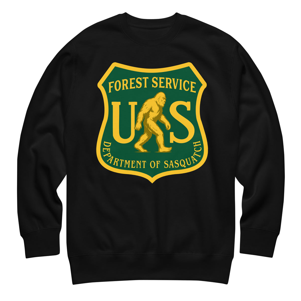 Black sweatshirt with a green and yellow &#39;Forest Service US Department of Sasquatch&#39; logo on a white background