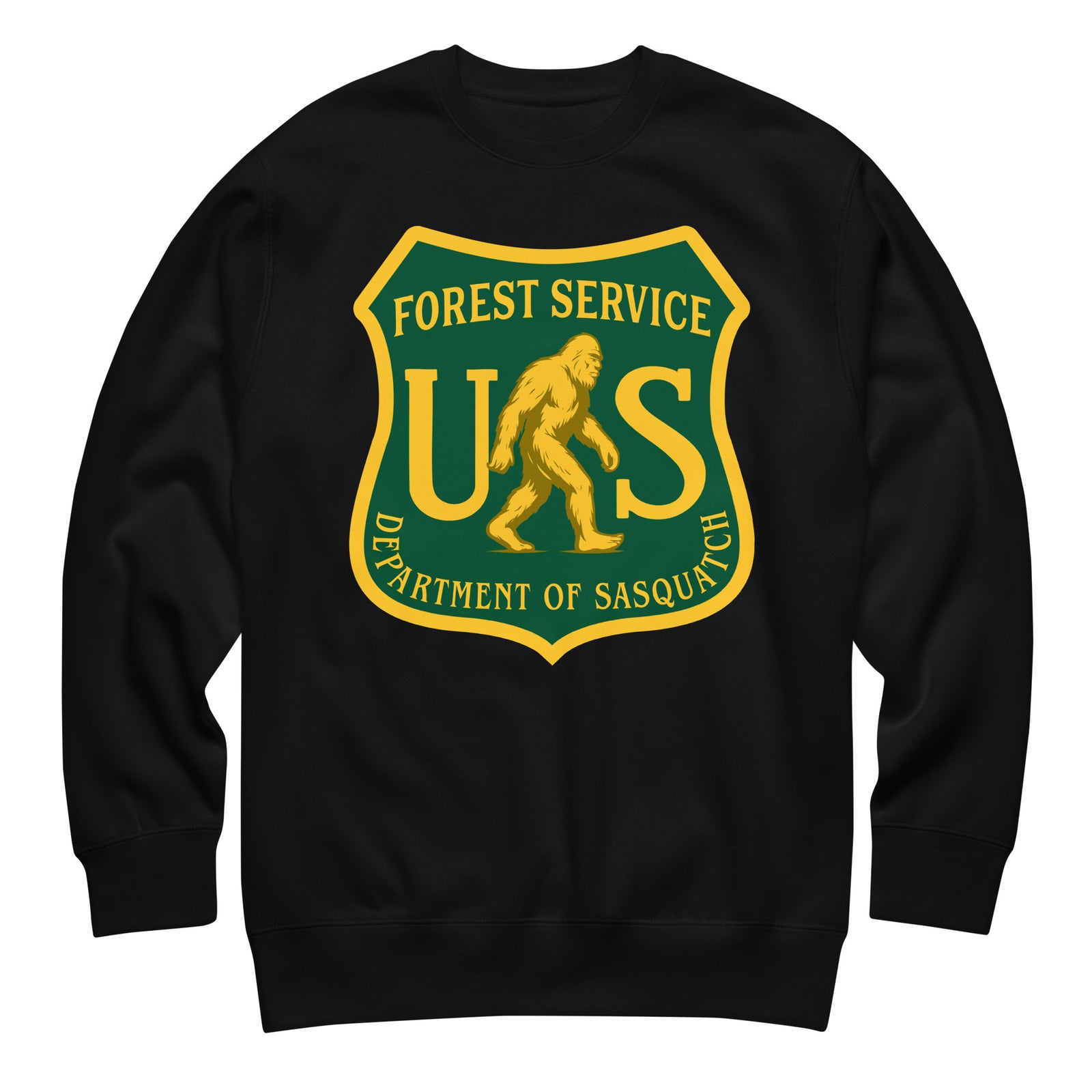 Black sweatshirt with a green and yellow 'Forest Service US Department of Sasquatch' logo on a white background