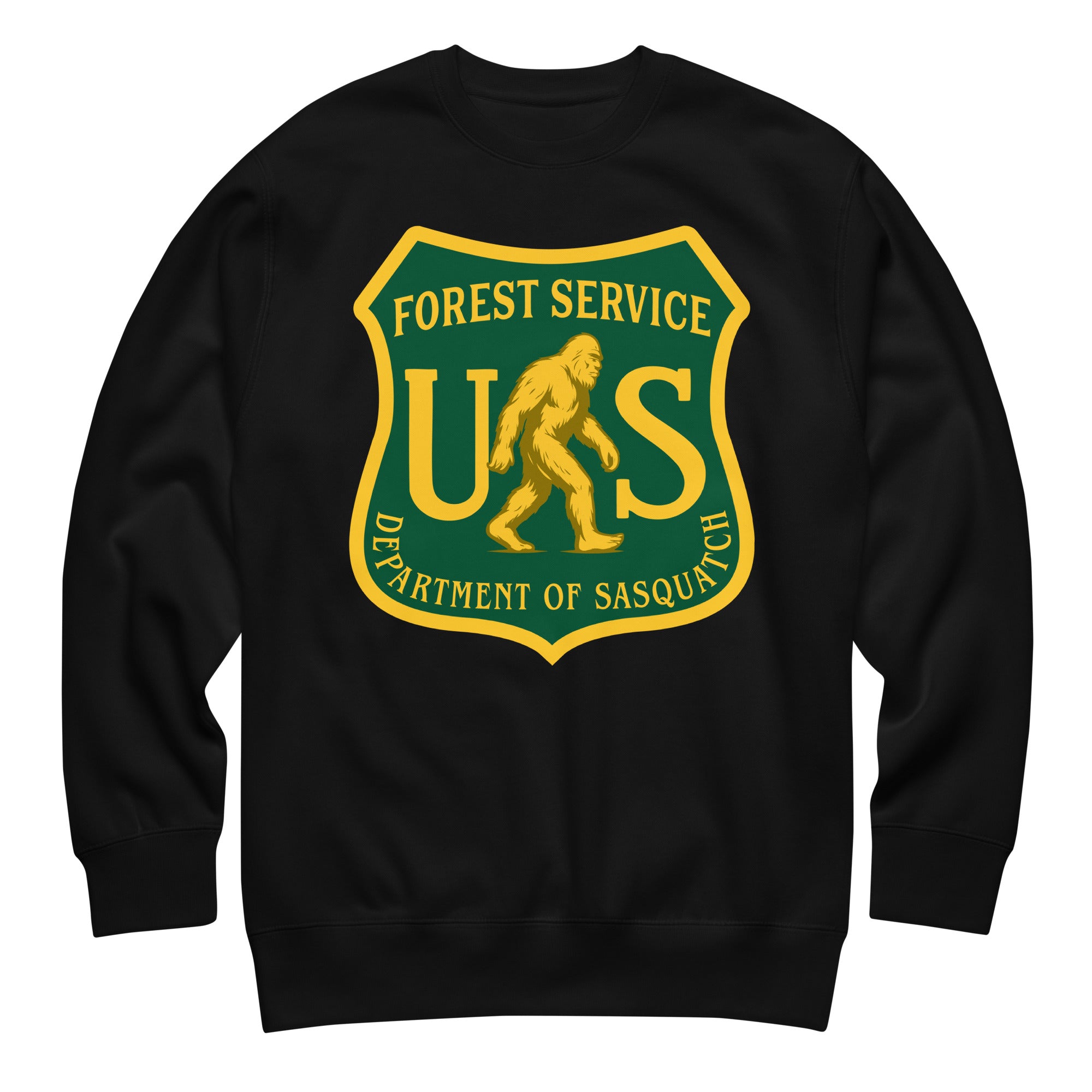 Black sweatshirt with a green and yellow 'Forest Service US Department of Sasquatch' logo on a white background