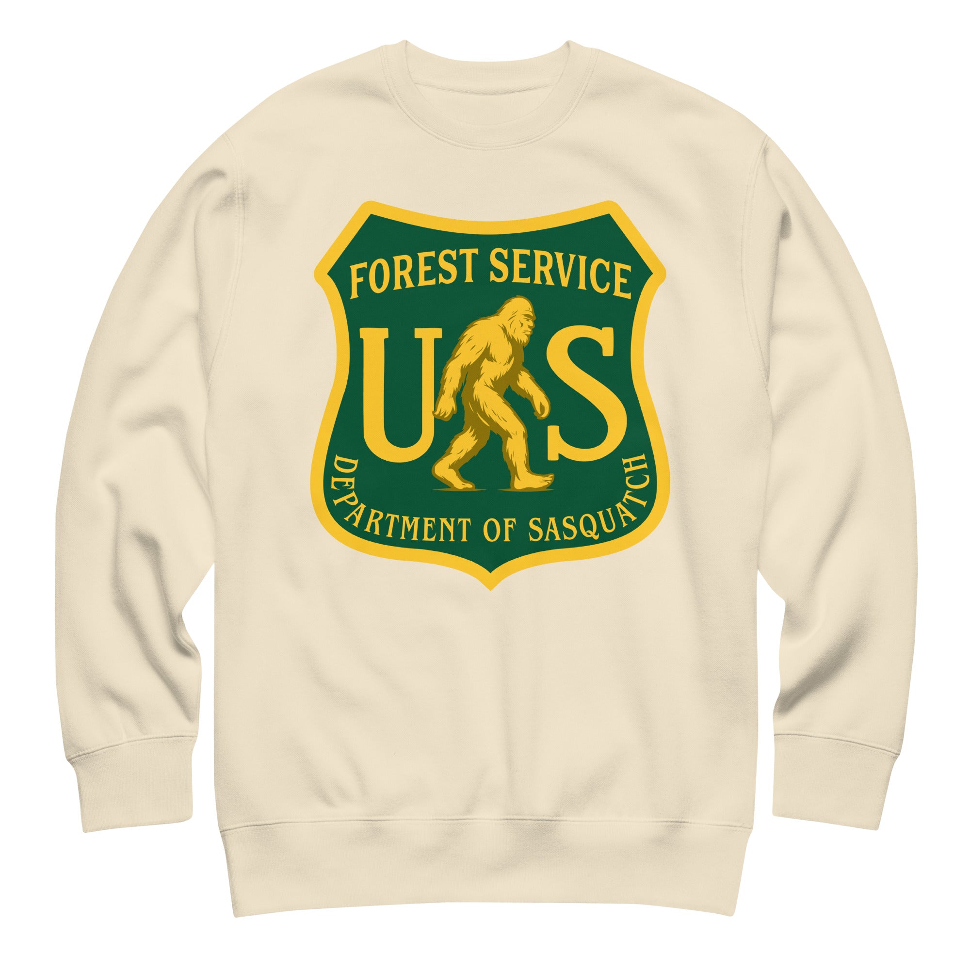 Beige sweatshirt with a green and yellow 'Forest Service Department of Sasquatch' logo on the back.