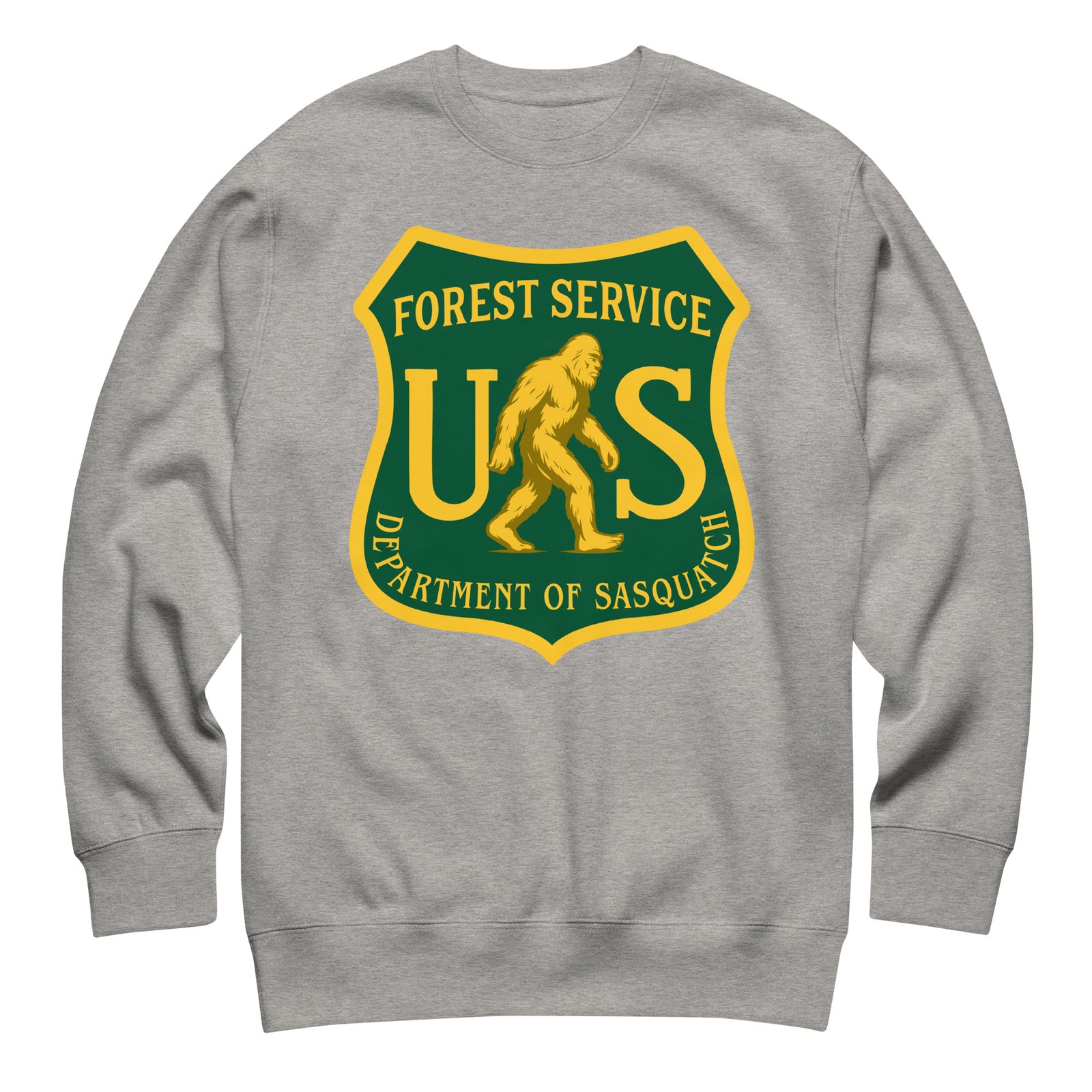 Gray sweatshirt with a humorous 'Forest Service, Department of Sasquatch' logo on a white background