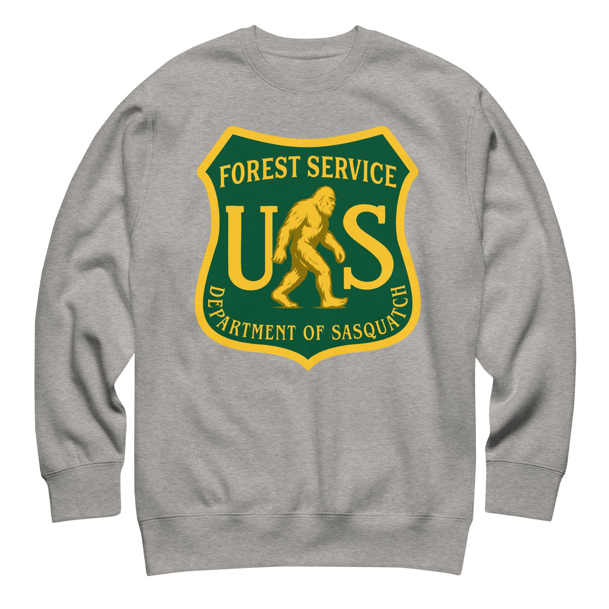 Gray sweatshirt with a humorous 'Forest Service, Department of Sasquatch' logo on a white background