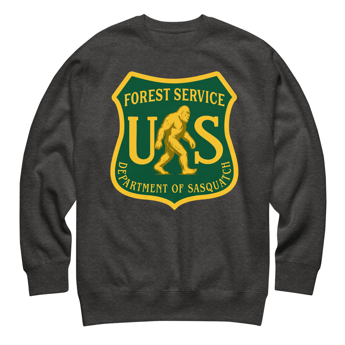 Dark gray sweatshirt with a green and yellow logo featuring a Sasquatch, labeled &#39;Forest Service US Department of Sasquatch&#39;.