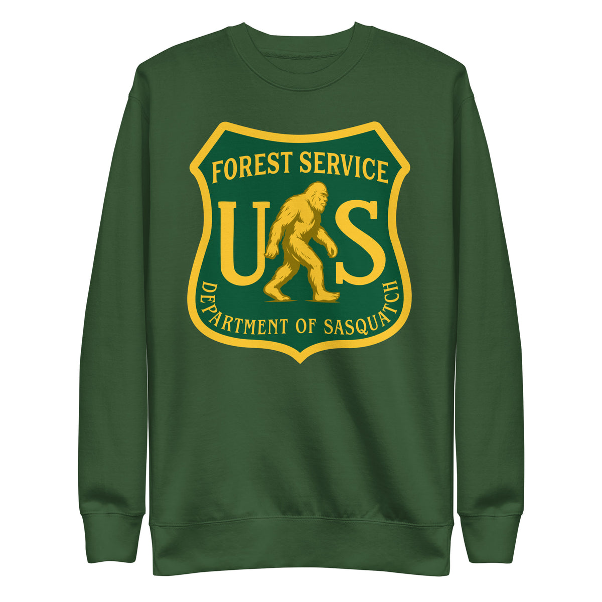 Green sweatshirt with a yellow &#39;Forest Service US Department of Sasquatch&#39; logo on a white background