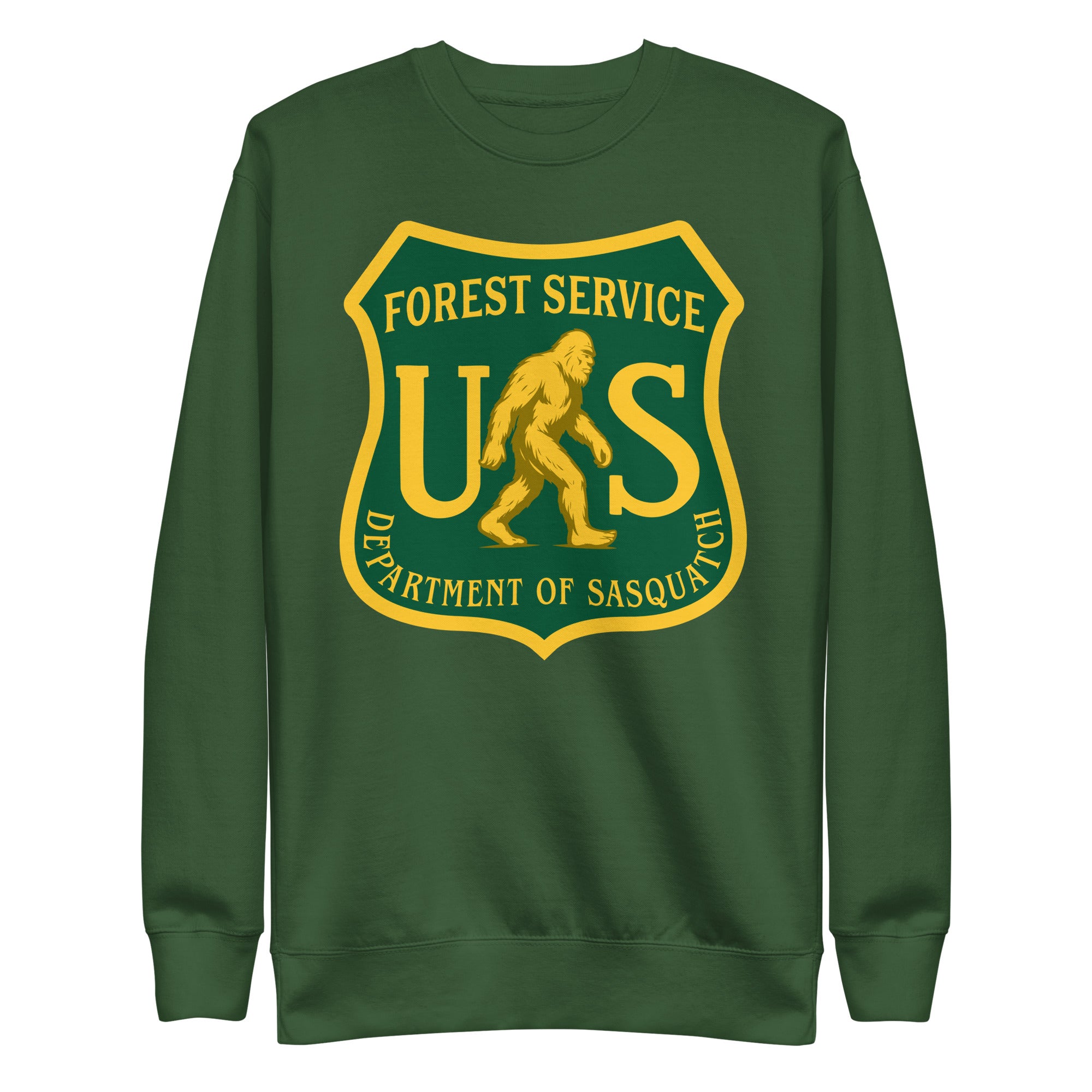 Green sweatshirt with a yellow 'Forest Service US Department of Sasquatch' logo on a white background