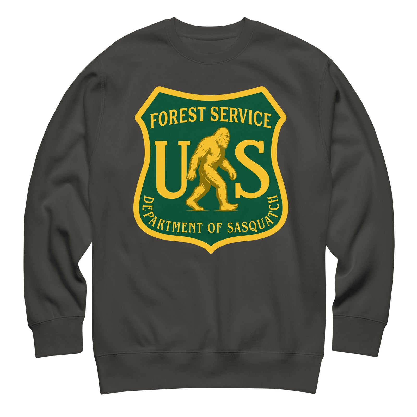 Gray sweatshirt with a 'Forest Service' and 'Department of Sasquatch' logo on a white background