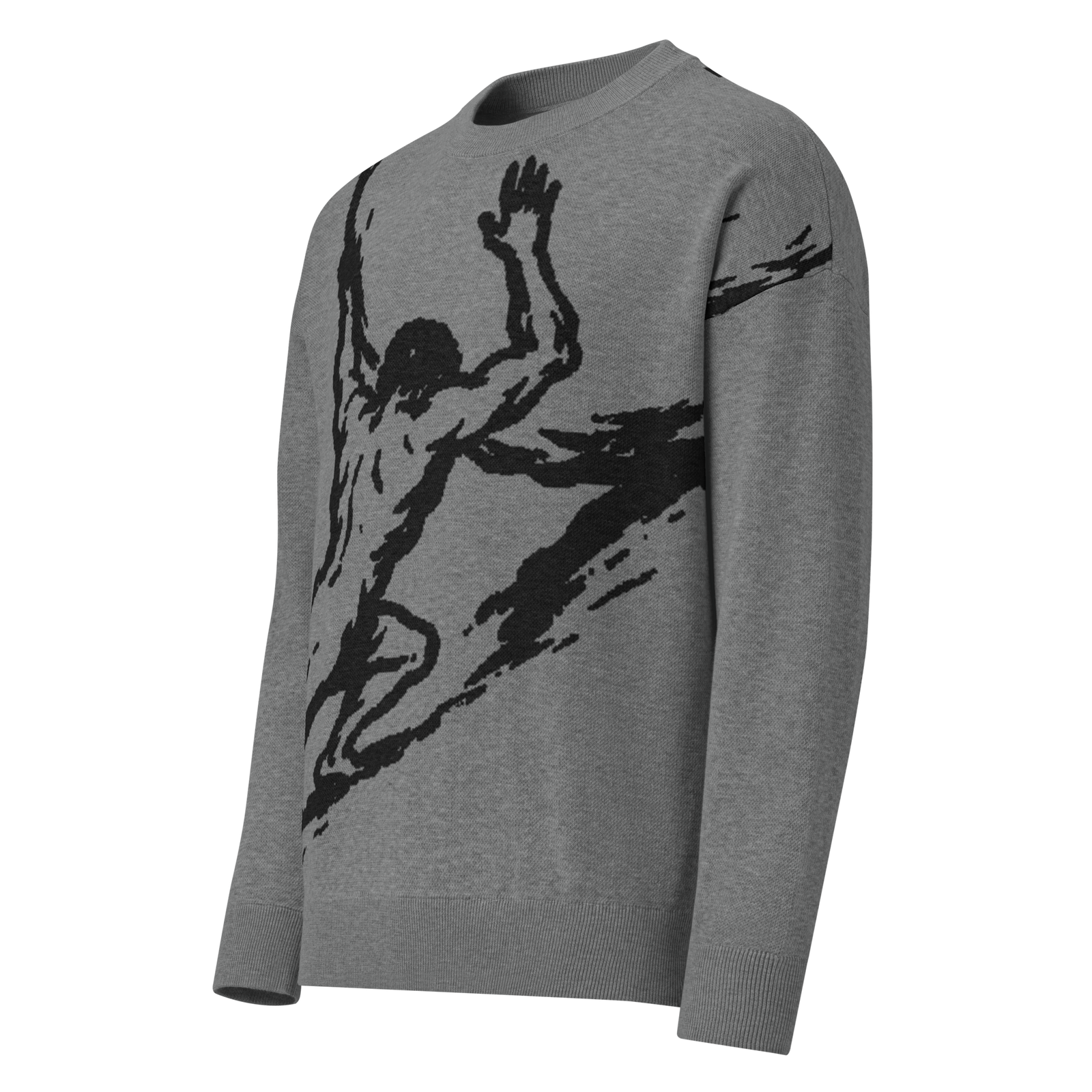 A heather gray crewneck sweater featuring a large black graphic print of a climbing figure on the front, displayed on a clean white background.