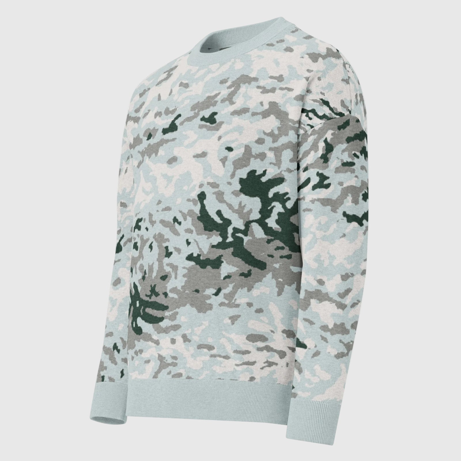 Arctic Splotch relaxed-fit camouflage jacquard crewneck sweater, front three-quarter view