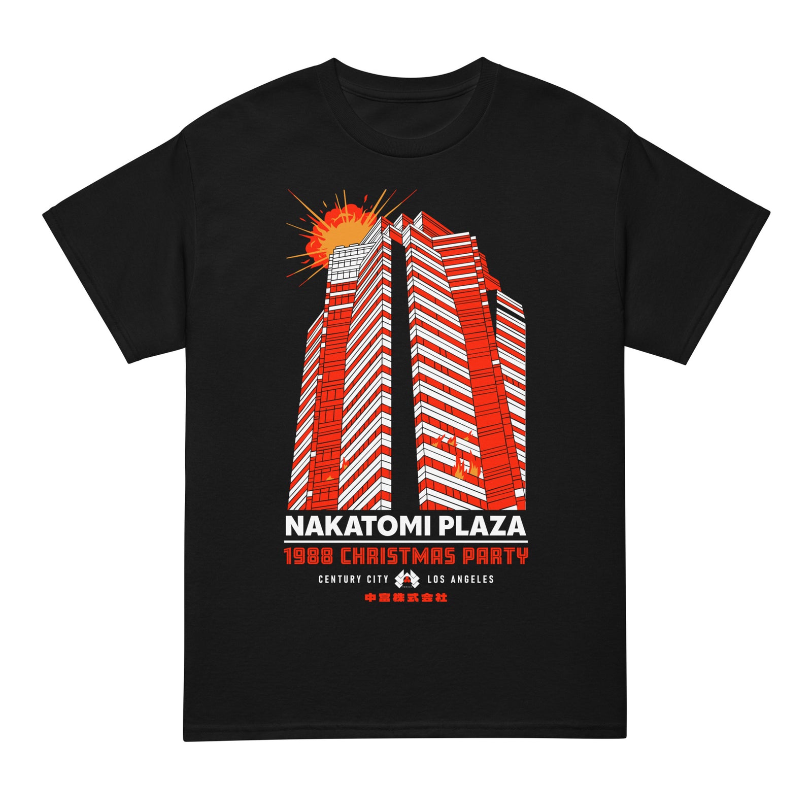 Black t-shirt with red and white building graphic and text on a white background