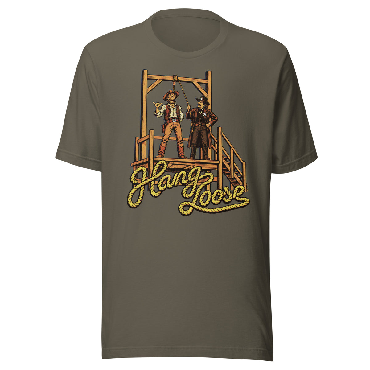 Hang Loose T-Shirt in army green, front view with retro cowboy shaka sign and sheriff at Old West gallows