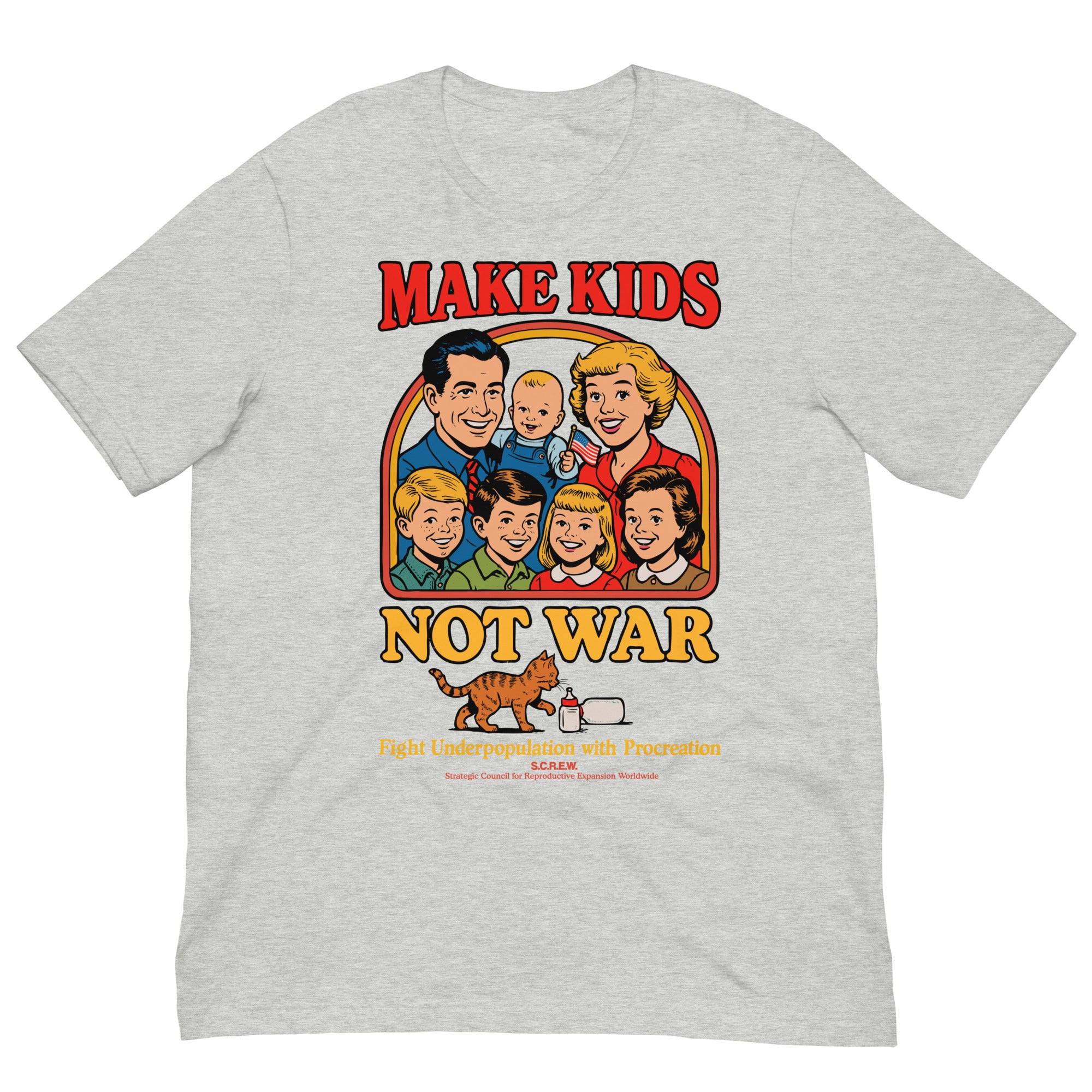 Make Kids Not War Liberty Maniacs shirt design close up. Features an American family in a family picture. Below under a cat and baby bottle is the text "Fight Underpopulation with Procreation"
