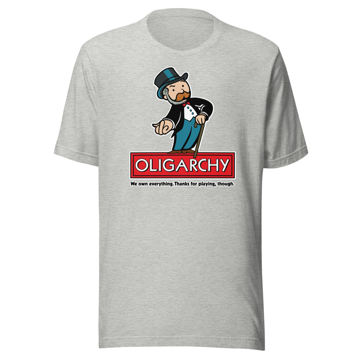 Gray t-shirt with a cartoon character and 'Oligarchy' text on a white background
