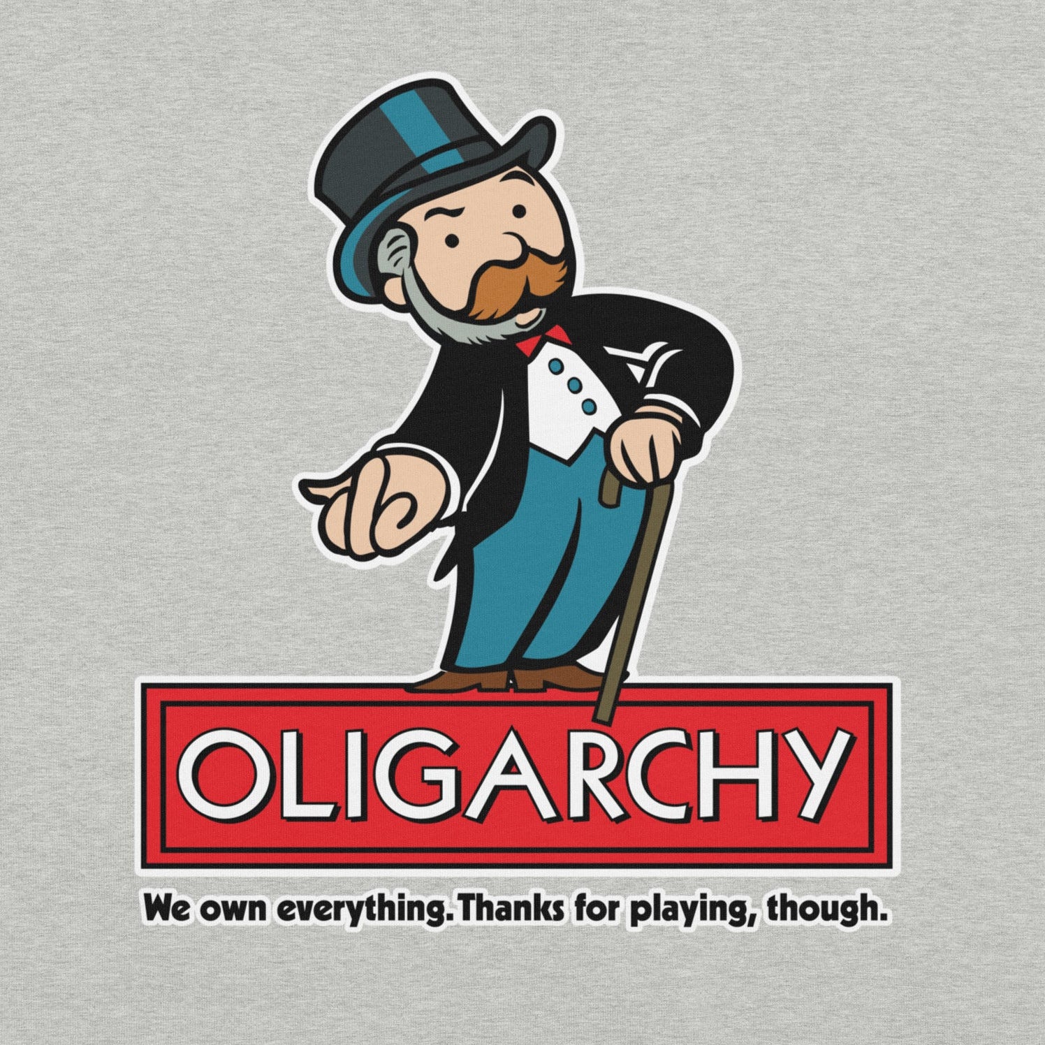 Gray t-shirt with a cartoon character and 'OLIGARCHY' text on a red box, featuring a humorous take on monopoly.