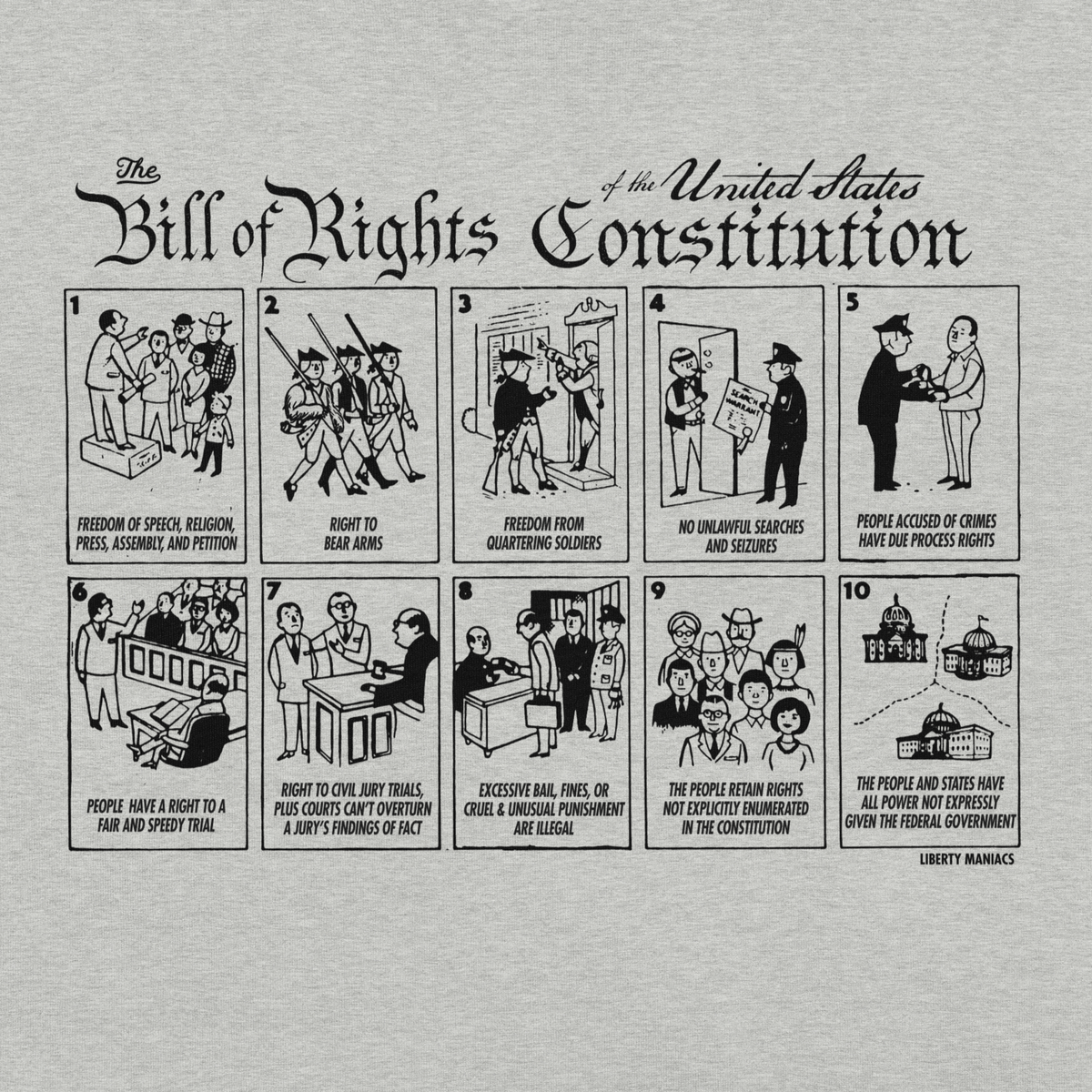 Illustrations of the Bill of Rights on a gray background