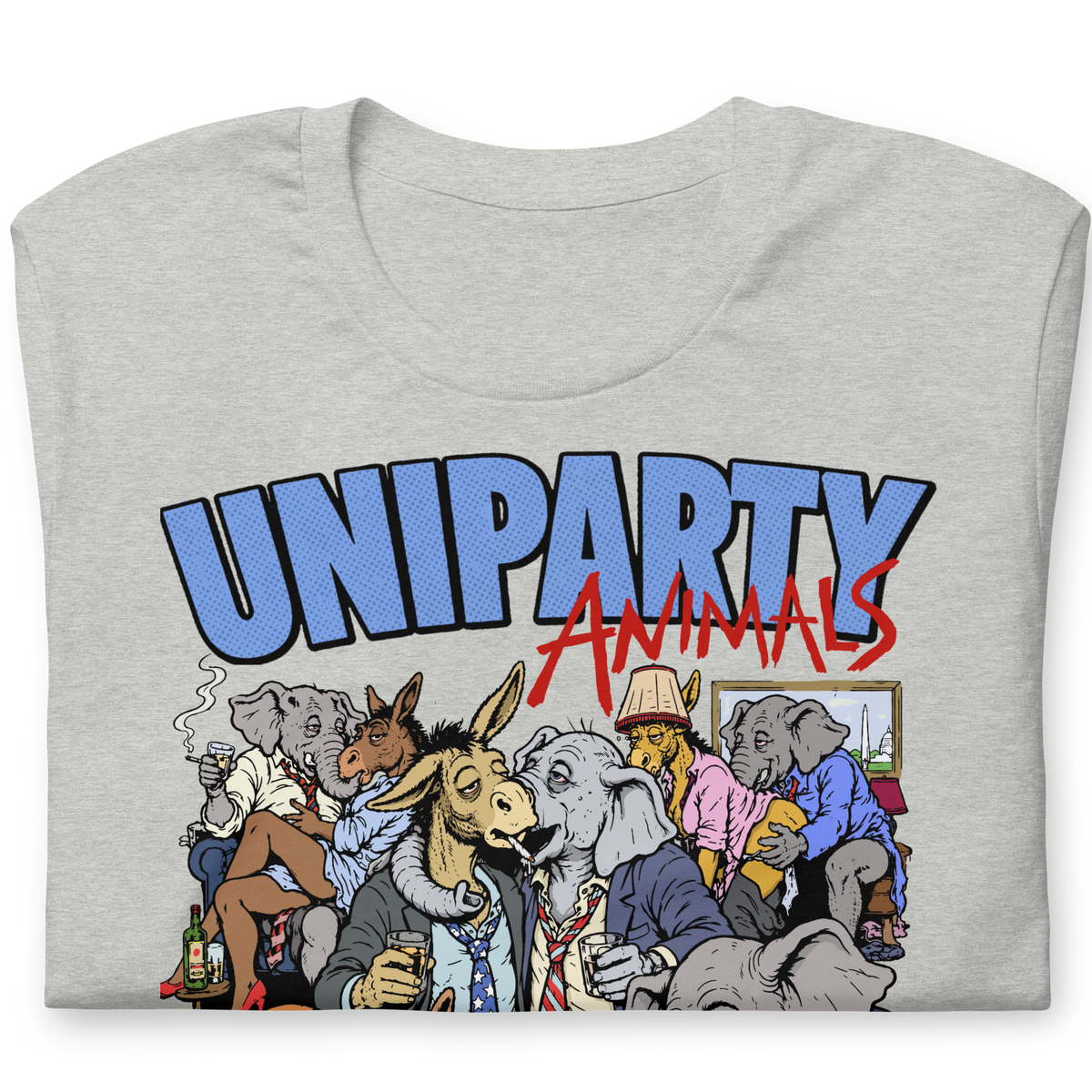 Uniparty Animals graphic T-shirt featuring cartoon donkey and elephant mascots in suits at a lively Washington gathering