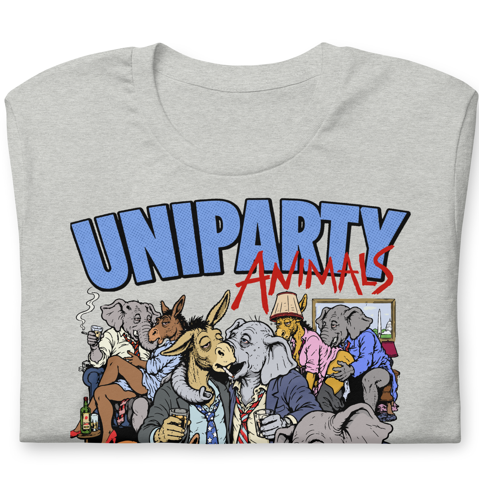 Uniparty Animals graphic T-shirt featuring cartoon donkey and elephant mascots in suits at a lively Washington gathering