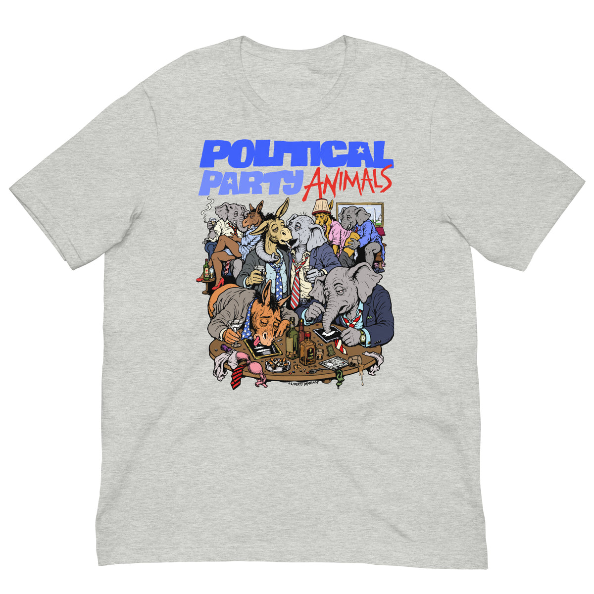 A light heather gray crewneck t-shirt featuring a colorful graphic print of various political animals (elephant, donkey, rabbit, etc.) gathered around a campfire, with the text 'POLITICAL PARTYS ANIMALS' printed above them.