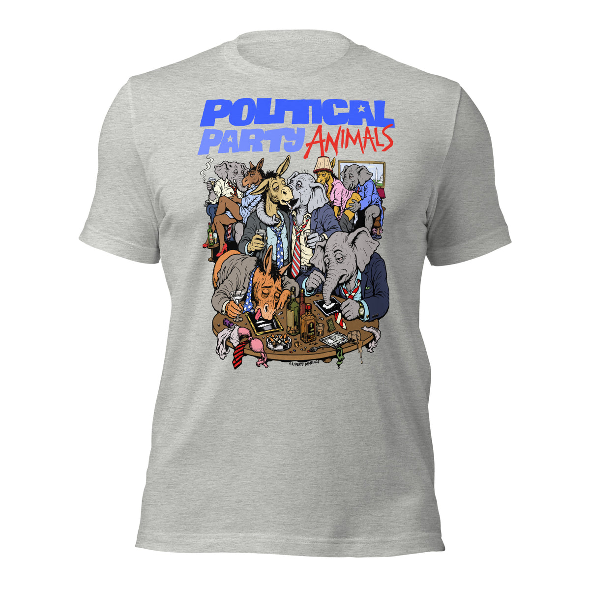 A heather gray short-sleeve t-shirt with a graphic print on the front. The graphic features the text 'POLITICAL PARTY ANIMALS' in blue and red, above a detailed cartoon illustration of various animals dressed in suits gathered around a table.