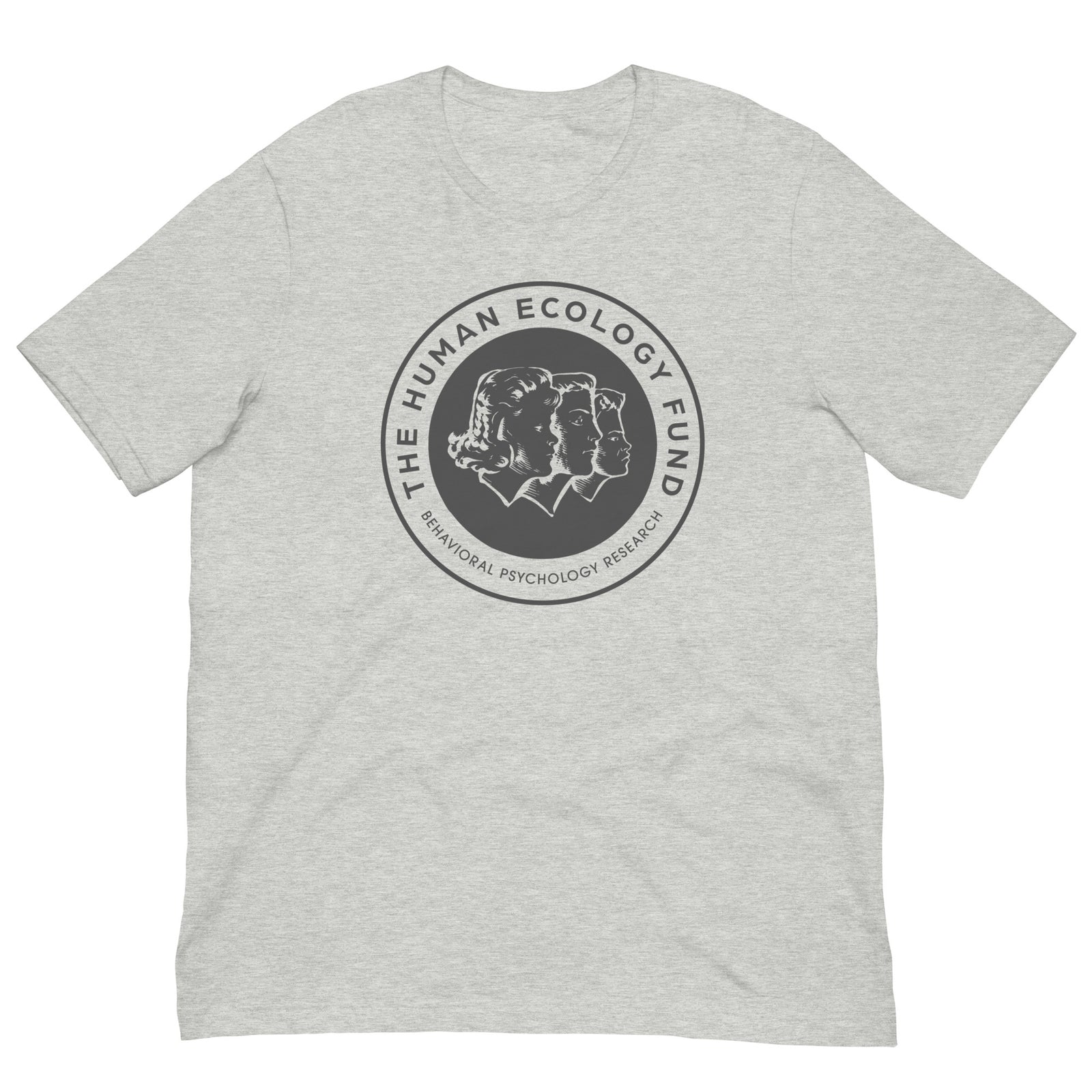 Front view of Human Ecology Fund T-shirt in athletic heather with vintage three-profile CIA research foundation emblem