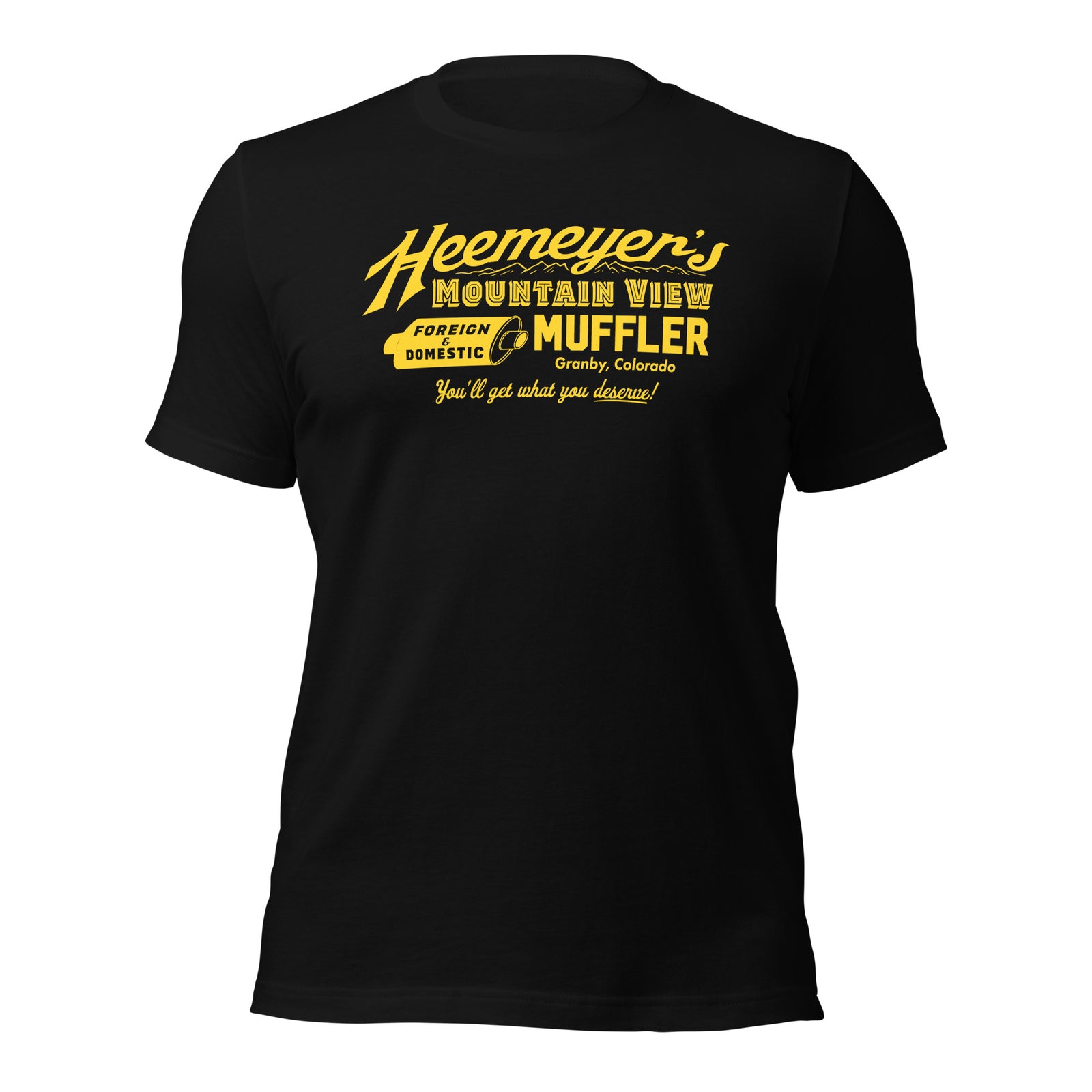 Black T-shirt with 'Heemeyer's Mountain View Muffler' text in yellow.