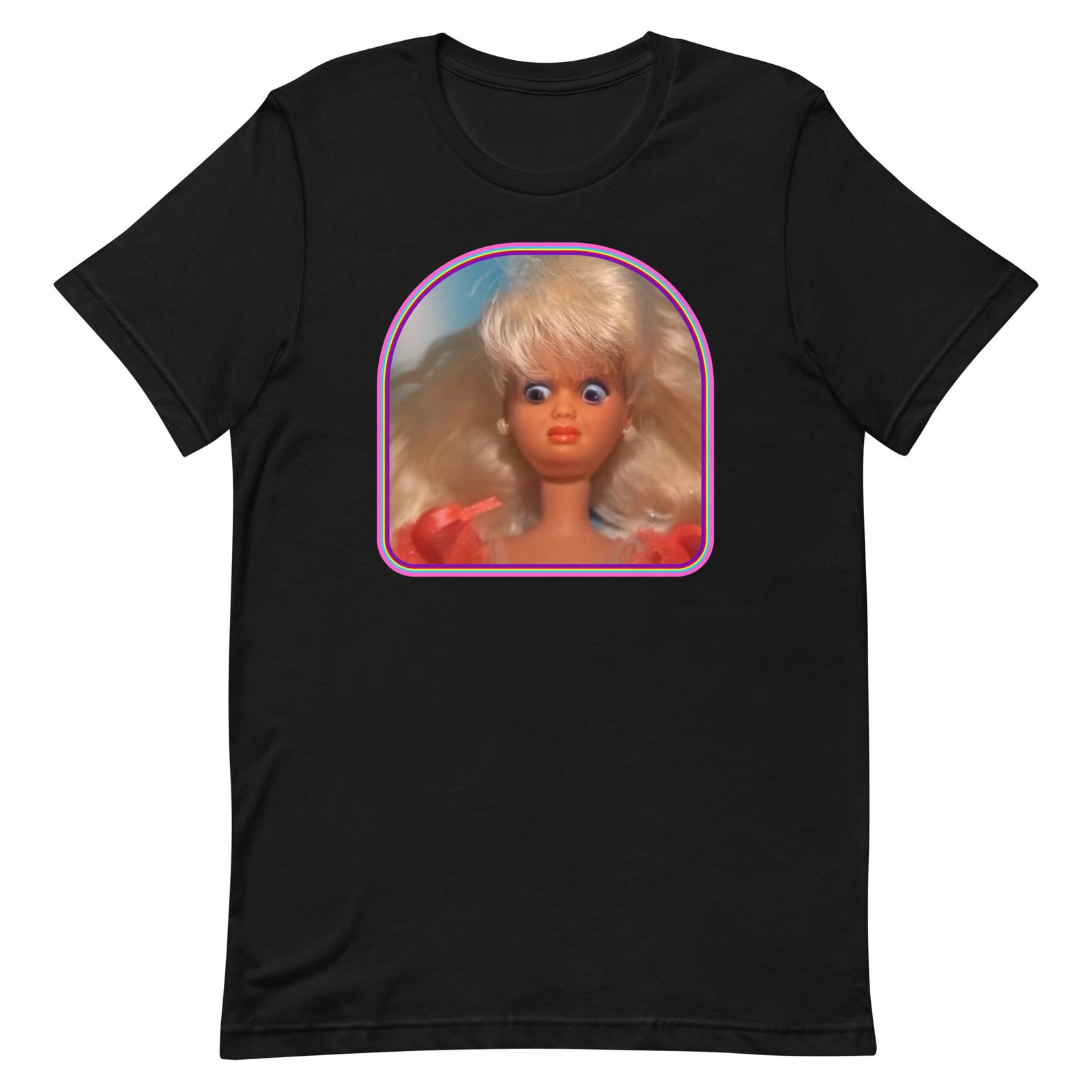 Black t-shirt with a graphic of a Barbie doll's face printed in the center.