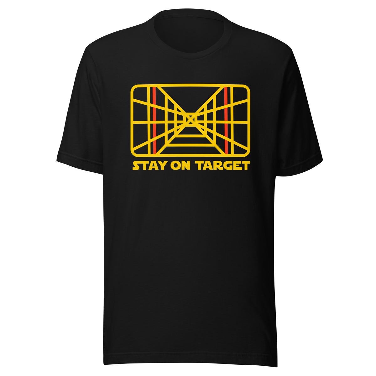 Black t-shirt with yellow and red graphic design and &#39;Stay on Target&#39; text on a white background