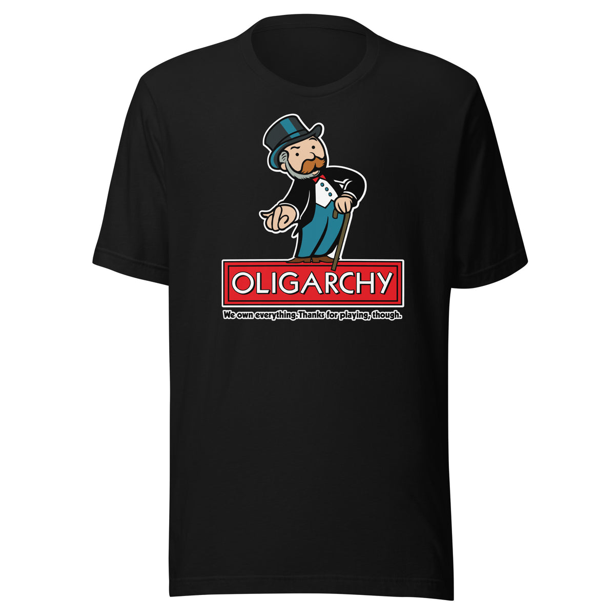 Black t-shirt with a graphic design featuring a character and the word 'OLIGARCHY' on a white background.