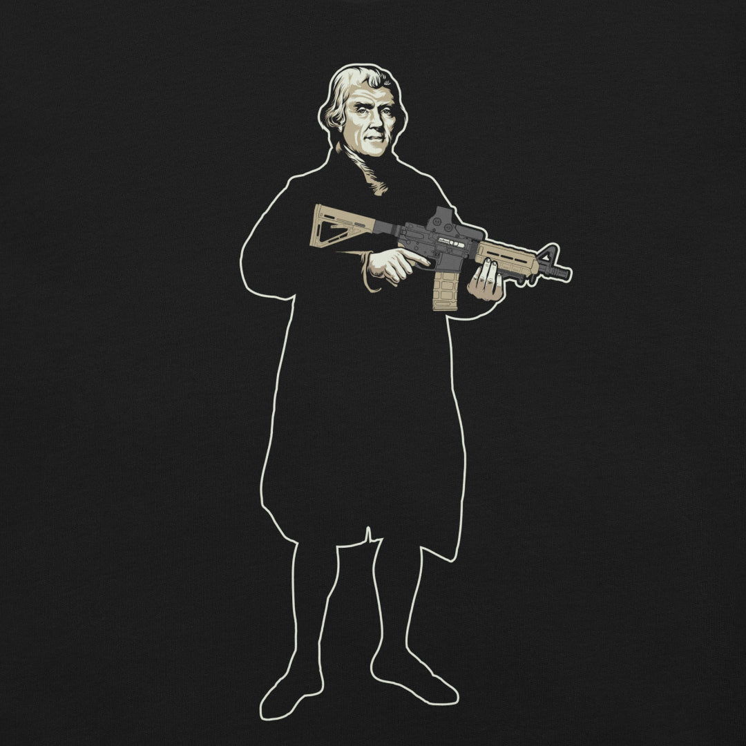 Thomas Jefferson With a Carbine T-Shirt graphic by Liberty Maniacs. 
